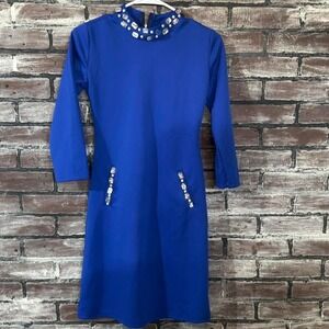 Y2K Blue Embellished Mini Dress – Womens Small – Rhinestone Mock Neck